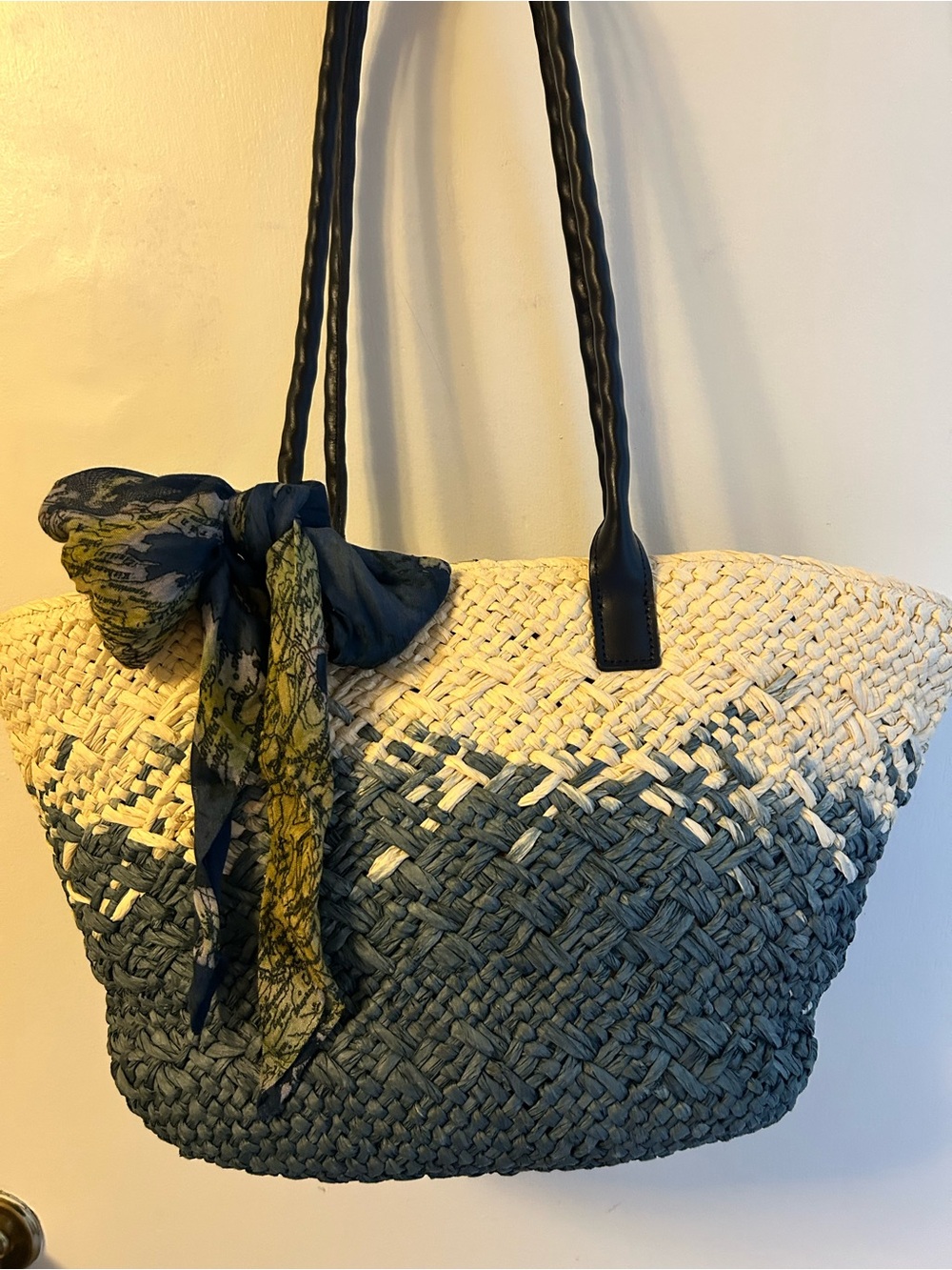 Patricia Nash Cream and Navy Woven Straw Tote with Scarf